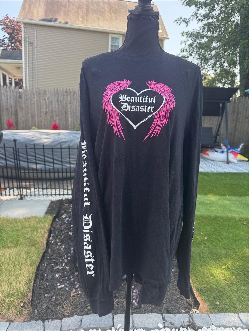 Beautiful Disaster Black Long Sleeve Tee with Pink Wing Heart - Picture 2 of 9